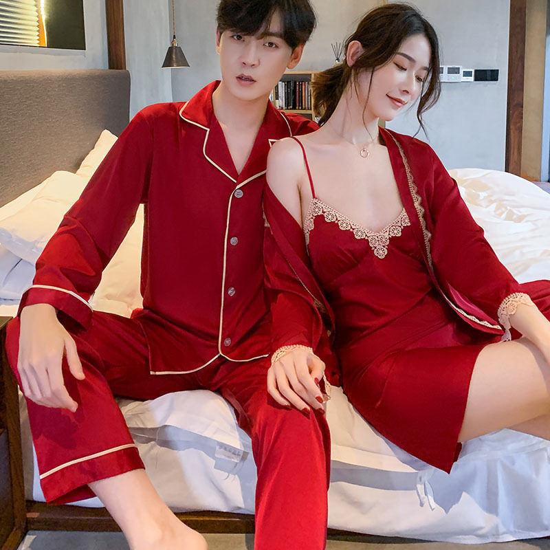 Couple pajamas ice silk high-quality spring and autumn long-sleeved suspenders chest pad wedding wedding red suit female summer nightgown