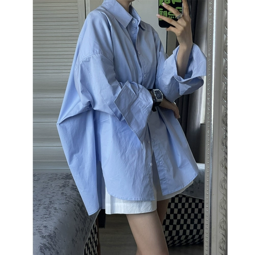 Синяя летняя рубашка, длинная куртка для отдыха, французский стиль, средней длины