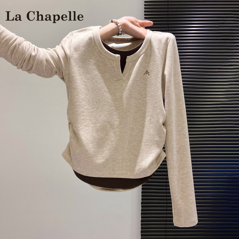La Chapelle Color-Blocked Faux Two-Piece Long-Sleeve T-Shirt for Women, Autumn and Winter 2026 New Slim-Fit Inner Layer Top