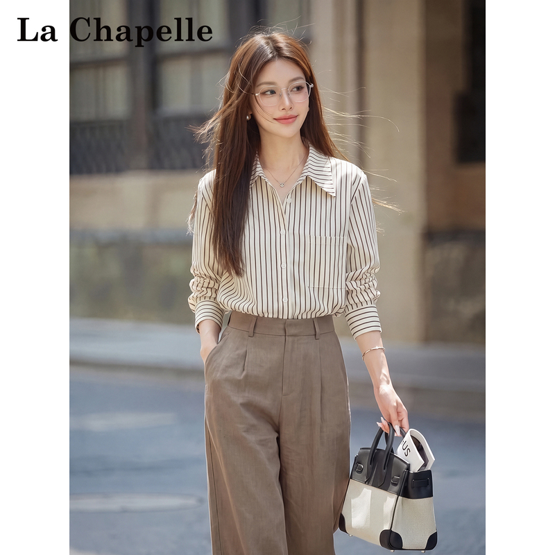 La Chapelle Khaki Long-Sleeve Striped Shirt for Women, Autumn 2026 New Style, Petite Loose Sun-Protection Shirt