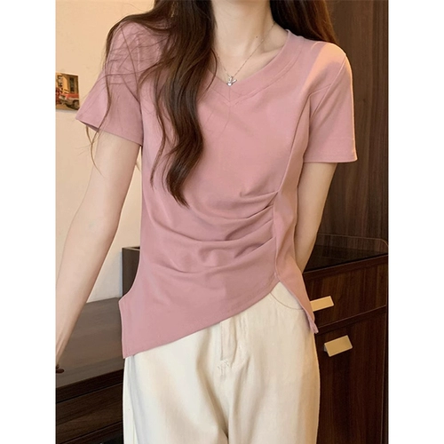 Розовая летняя футболка, V-образный вырез, 2025 года, облегающий крой