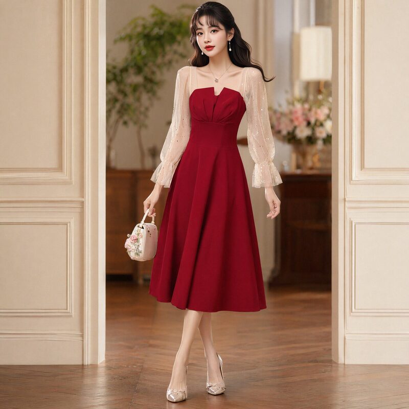 Red Engagement Dress with a Square Neckline, Mesh Bell Sleeves, Slimming Mid-Length Dress for Toasting at Annual Parties and Banquets Red Engagement Dress with a Square Neckline, Mesh Bell Sleeves, Slimming Mid-Length Dress for Toasting at Annual Parties and Banquets