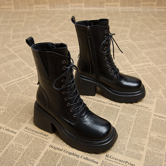 Genuine Leather, Very Stylish High-Heeled Short Boots for Petite Women, 2025 Autumn and Winter New Style, Thick-Soled Lace-Up Height-Increasing Trendy Martin Boots