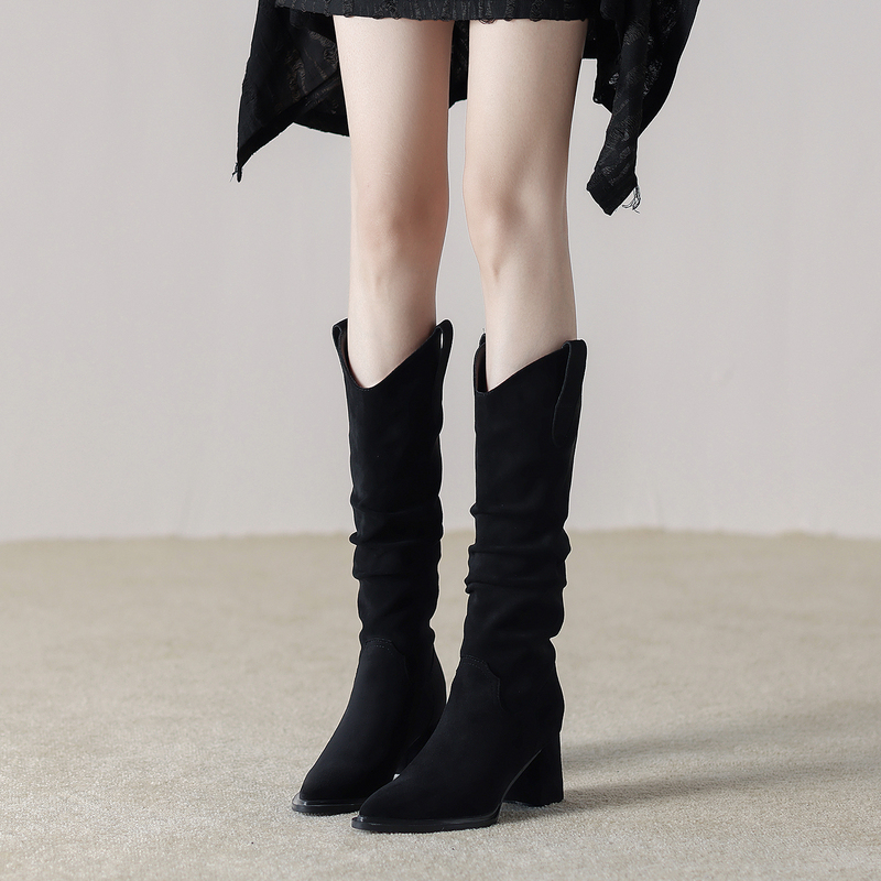 Sheepskin Version Slimming Stacked Long Boots for Women 2025 Autumn and Winter High-Heeled Melard Black Western Cowboy High Boots