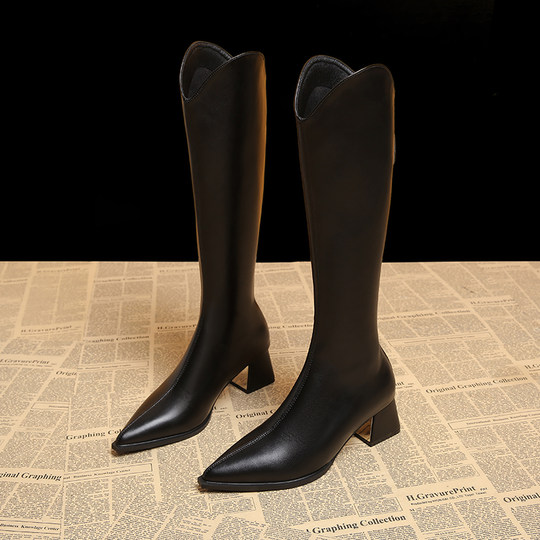 Genuine Leather Stunning Early Autumn Long Boots for Women 2025 Autumn and Winter New Style Elegant Pointed Toe Brown Coffee Color High-Heeled Boots