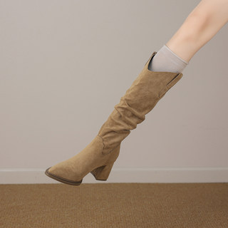 Genuine Leather, Very Stylish Pointed-Toe Pleated Long Boots for Women, 2025 Autumn and Winter New Style, Melard High-Top Stacked Early Autumn Boots