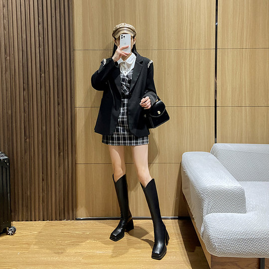 Genuine Leather, Very Stylish, Early Autumn Thick-Soled, Height-Increasing Long Boots for Petite Women, Super Popular, 2025 Autumn and Winter High-Heeled Long Boots