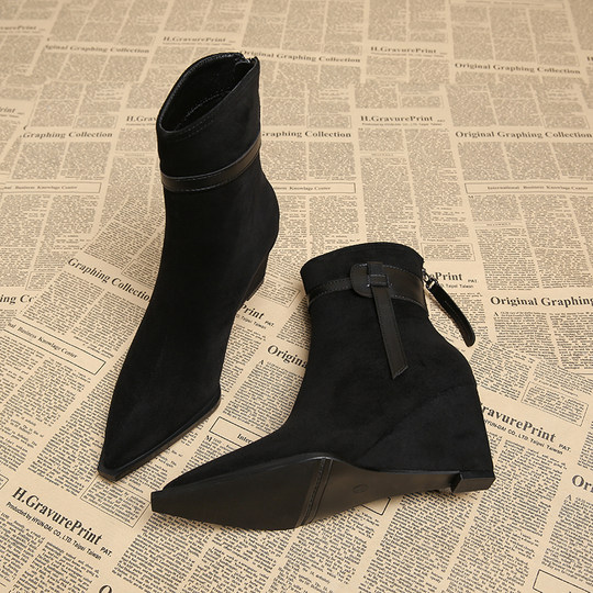 Genuine Leather Wedge Heel Height-Increasing Early Autumn Stylish Short Boots 2025 Autumn and Winter Stunning French Socialite Women's Boots