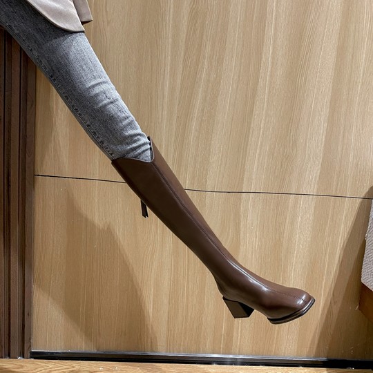 V-Cut High-Heeled Slim Square-Toe Long Boots for Women, Autumn and Winter Shoes, 2025 Early Autumn New Style, Brown High Boots