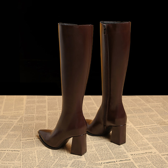 Genuine Leather Pointed-Toe Elegant Autumn Long Boots 2025 Autumn and Winter New Style Women's High-End Black High-Heeled Boots