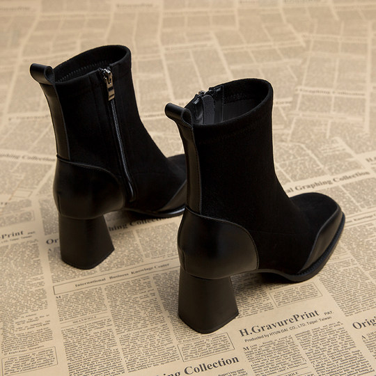 2025 Chunky Heel Trendy Spring and Autumn High-End Slim Boots for Women, Autumn and Winter Brown High-Heeled Short Boots, Early Autumn French Style Ankle Boots