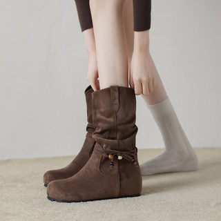 Sheepskin Version of Women's Round-Toe Mid-Calf Slouchy Boots with Hidden Height Increase, 2025 New Autumn and Winter Super Popular Melard Style, Comfortable Short Boots