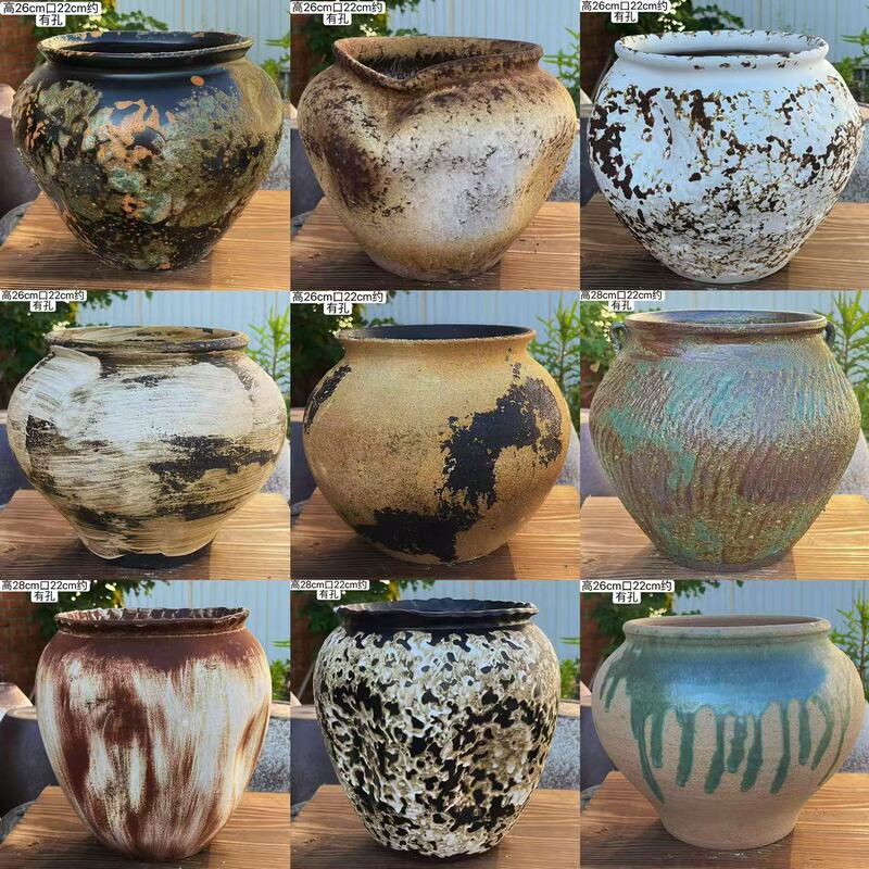 Retro Wabi-Sabi Style Decorative Ornaments, Flowing Springs, Maple, Antique Green Plants, Ceramic Flower Pots, Breathable Coarse Pottery, Succulent Handmade Flower Pots