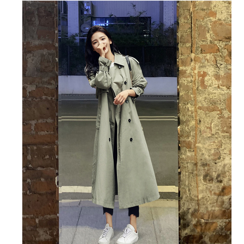 Spring and autumn new long version windbreaker women's 2022 coat over the knee autumn bean green autumn clothes large size tall