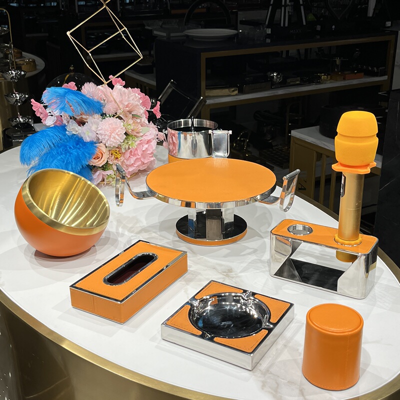Thickened Stainless Steel Ktv Table Supplies Complete Set of Orange Ktv Special Fruit Plate Microphone Stand Ashtray Tissue Box Set