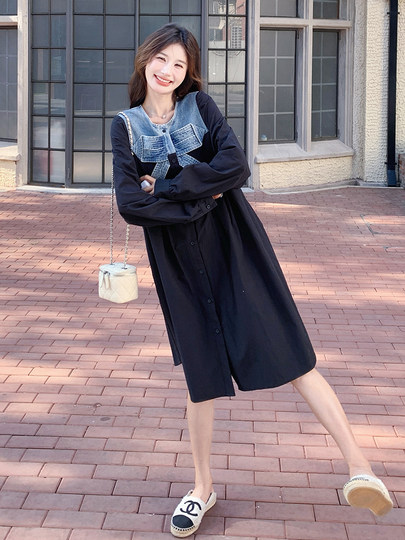 拼接牛仔蝴蝶结连衣裙女秋韩版宽松减龄森系慵懒风长袖黑色衬衫裙