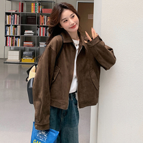 Brown Suede Suede Short Coat Woman 2024 Chunqiu New Korean High Sensation Fried Street small Locomotive Jacket Tide