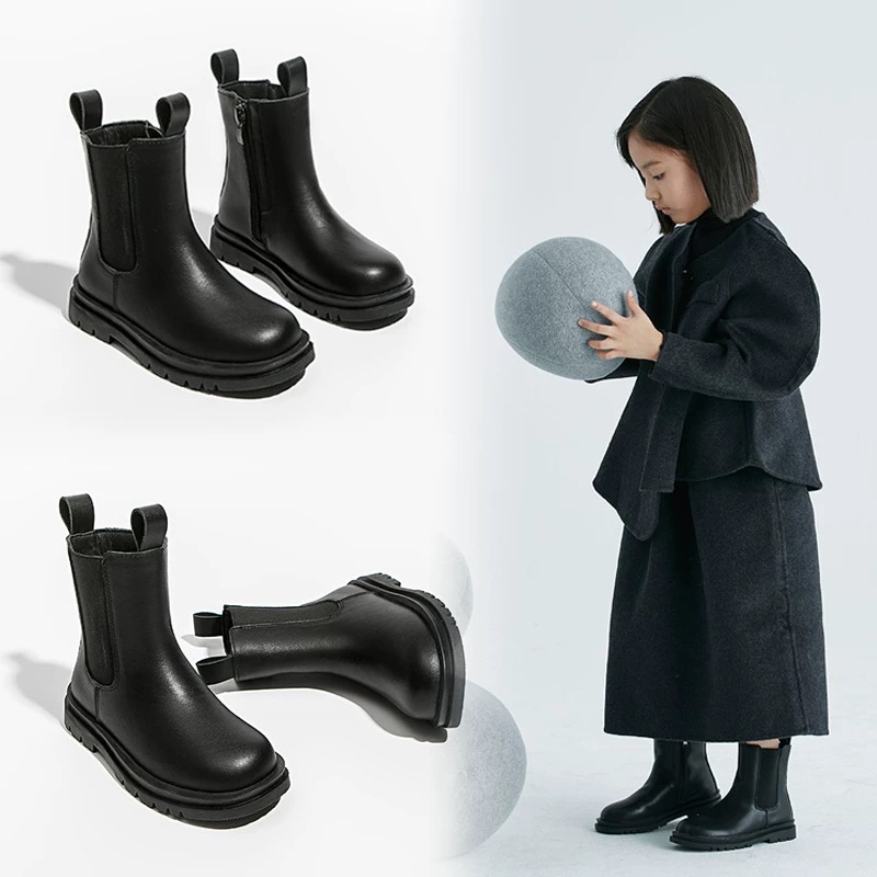 Girls' Short Boots, Genuine Leather, for Older Children, 2026 New Style, Chimney Boots, British Style, Autumn and Winter, Fleece-Lined, Fashionable, Soft-Soled Single Boots