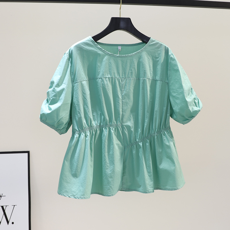 Green Round-Neck Cotton Shirt for Women with Irregular Waist Design, Washed Spring Korean Style Slimming Short-Sleeved Top