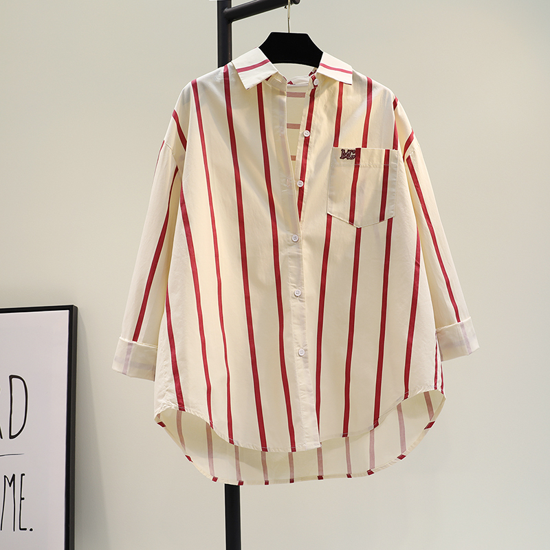 Red Vertical Striped Long-Sleeved Cotton Shirt for Women, Washed Spring New Style, Korean Version, Loose Casual Shirt, Thin Cardigan Top
