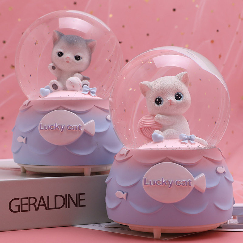 Cartoon pink cat crystal ball transparent snowflake snow ball music box dream girl student birthday gift
