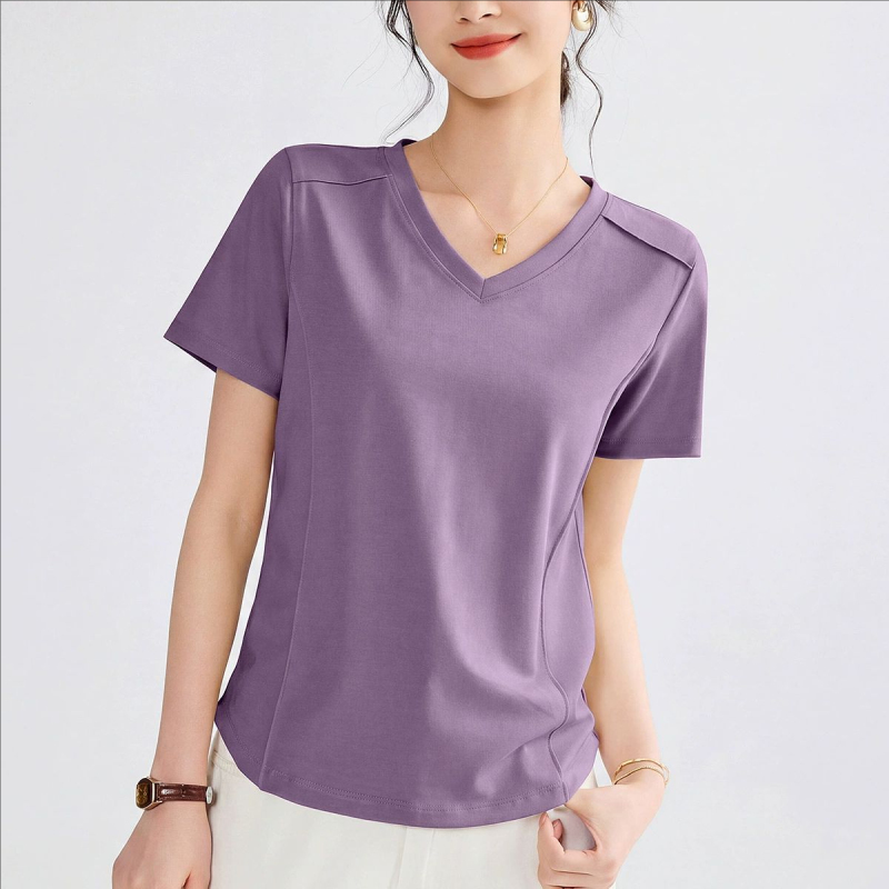 Fishbone Line High-Elastic Ribbed Cotton Summer Curved Hem Breathable and Cool Plus-Size Belly-Covering Regular Shoulder Short-Sleeve T-Shirt for Women