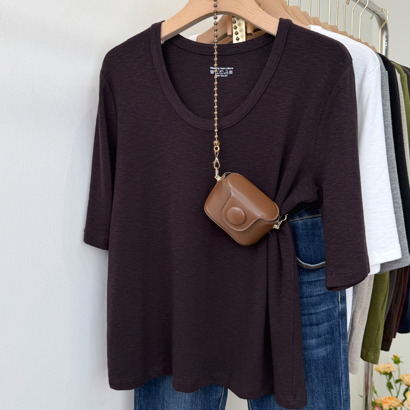 Slimming Regular Shoulder Mid-Sleeve T-Shirt for Women 2026 New Spring and Autumn Commuter Style Five-Quarter Sleeve Comfortable Inner Wear U-Neck Loose Top