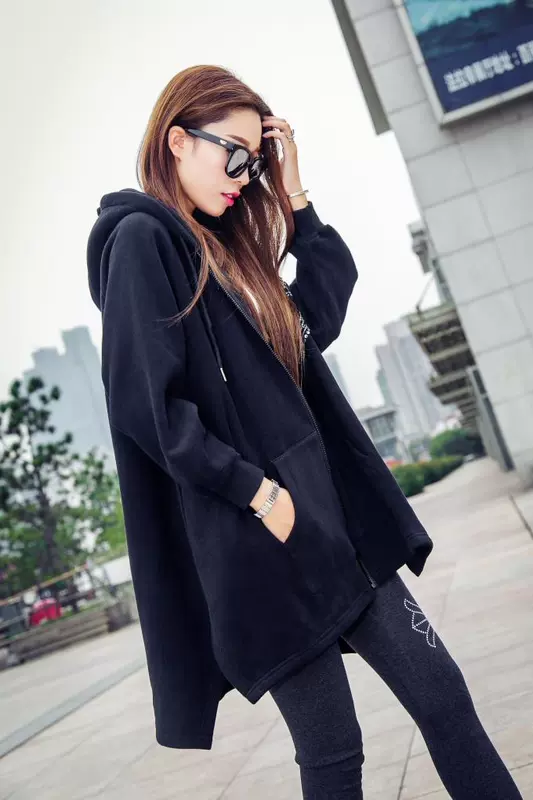 Hồng Kông phụ nữ rhinestone mùa xuân và mùa thu giữa áo len dài giải trí áo hoodie lỏng phía trước ngắn và dài trở lại áo khoác không đều - Áo len