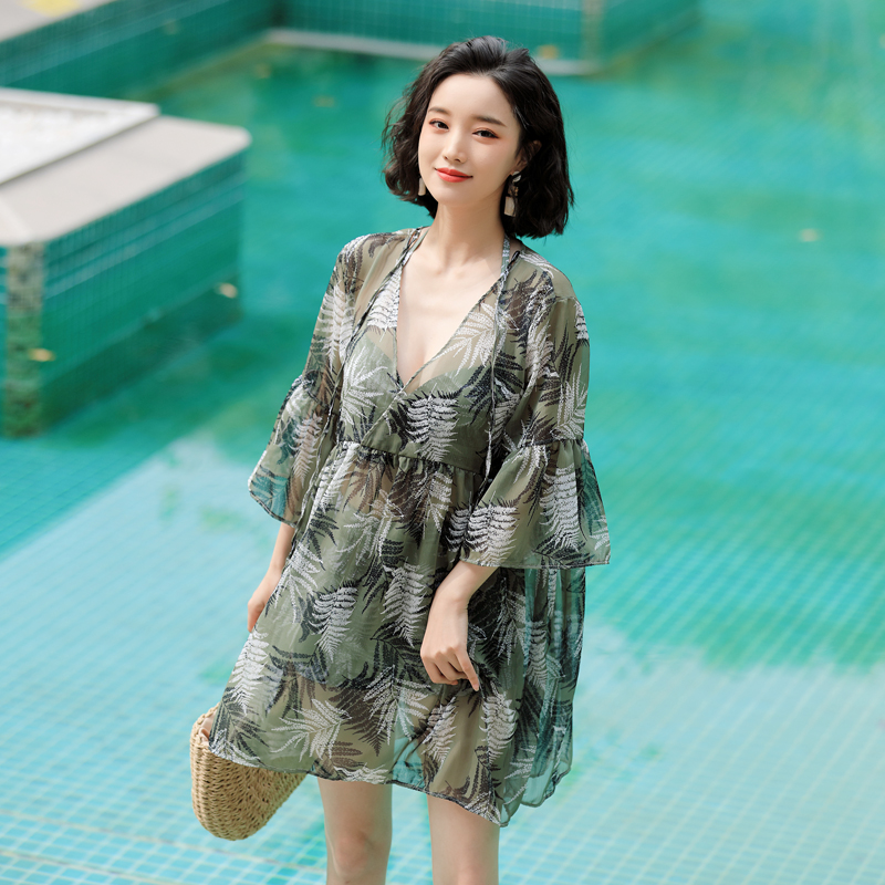 DK swimsuit women's summer 2022 new sexy large size fat mm cover the belly to show thin bubble hot spring conservative bikini three pieces