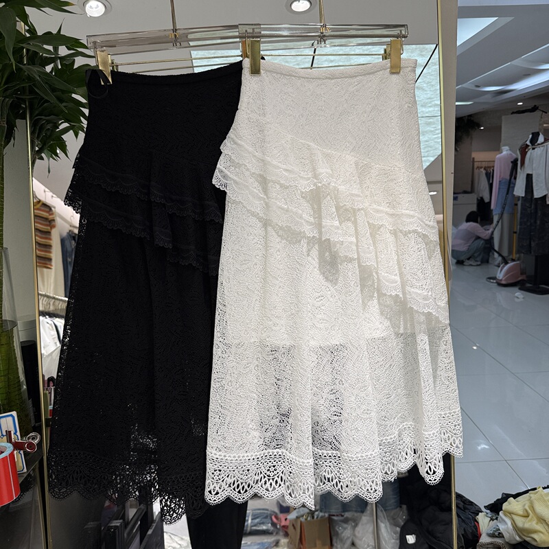 European Station 2026 Spring New High-Waisted Lace Ruffle Slimming Pure Desire Style A-Line Lace Trim Skirt