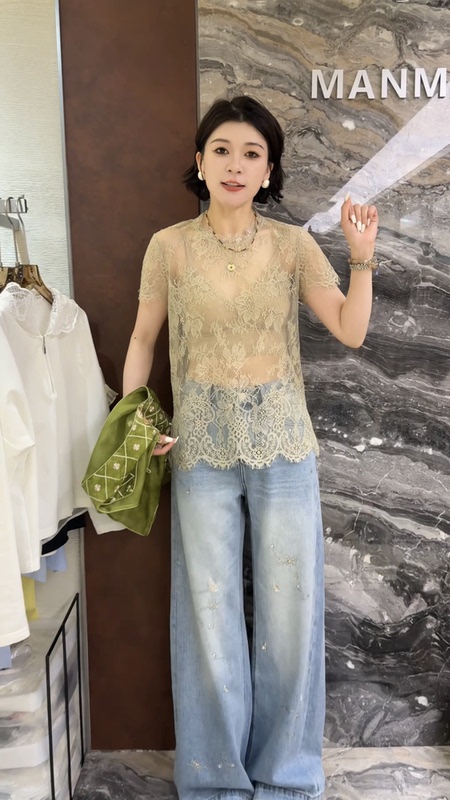 European Station 2026 Spring/Summer New French Style Printed Breathable Loose Short Sleeve Lace Hollow Out Women's Top Trend