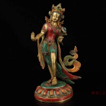 Guyi Xuan old pure copper hand-inlaid treasure stone color painting gold Station Green Mother Statue