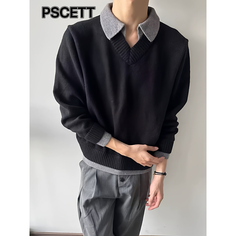 Pscett American-Style Cleanfit Niche Fake Two-Piece Lazy Lapel Sweater for Men and Women Early Autumn Retro Knitwear