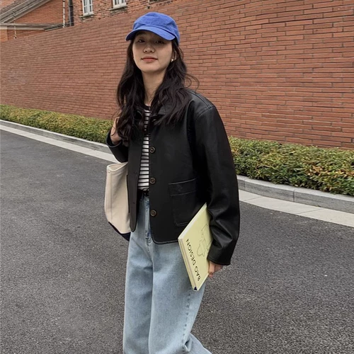 Короткая черная полиуретановая демисезонная ретро куртка, подходит для подростков