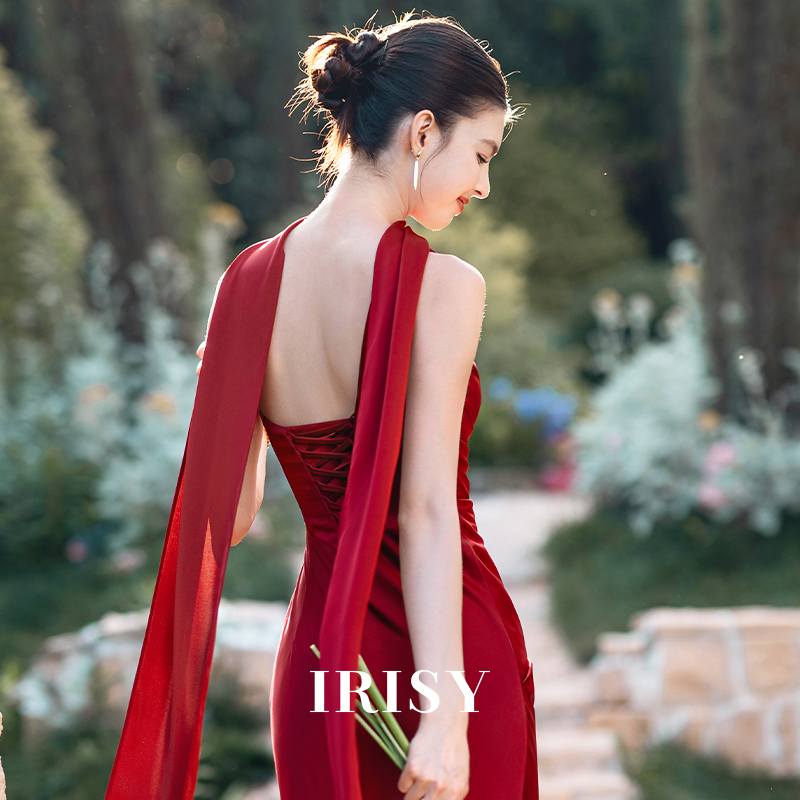 Original Genuine Irisy "Morning Glow" Bridal Engagement Dress, Women's One-Shoulder Morning Robe Dress, Red Toast Dress