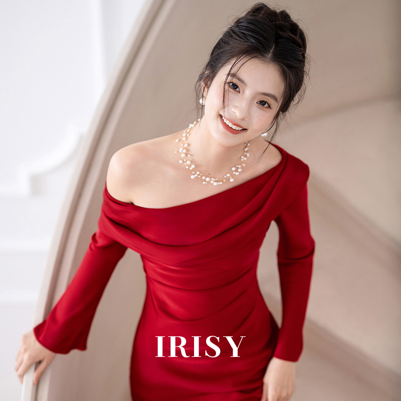 Irisy "Redwood Ii" Red Long-Sleeved Off-Shoulder Engagement Dress, Elegant Bridal Toast Dress, Morning Robe Dress