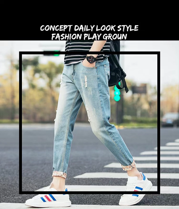 Mùa xuân và mùa hè quần jeans 9 điểm nam phong cách Hàn Quốc quần lọt khe nam triều quần chín điểm quần âu rách quần nam - Quần jean