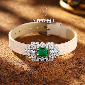 Emerald bracelet silver set 2.2ct cultured colored treasure genuine leather watch jewelry