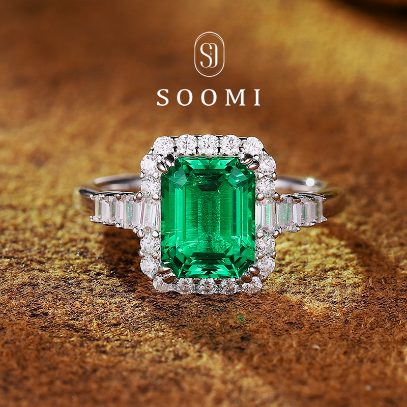 【Soomi Jingting】Emerald Ring 2.2Ct Cultivated Mozai Green Gemstone 925 Silver Colorful Gemstone Women's Ring
