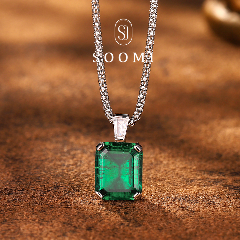 [SOOMI マジックミラー] 3.8カラット ウォートンカラー 養殖エメラルド 宝石ネックレス 925シルバー ファッション オールマッチペンダント