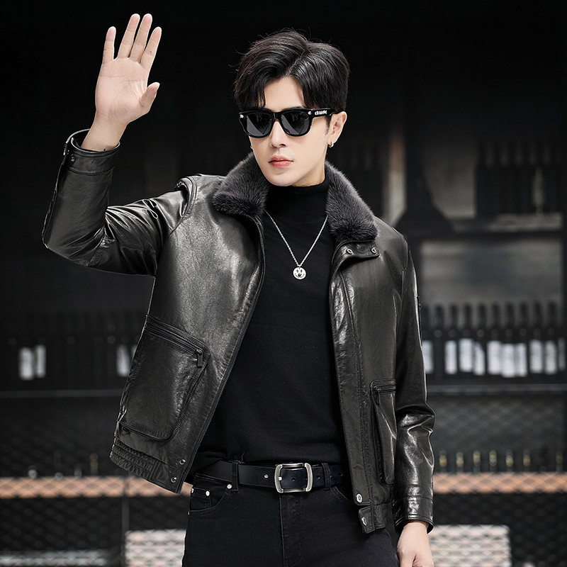 Haining Mink Fur Collar Leather Jacket, Goatskin Lapel Leather down Jacket with Detachable down Liner, Men's Leather Coat