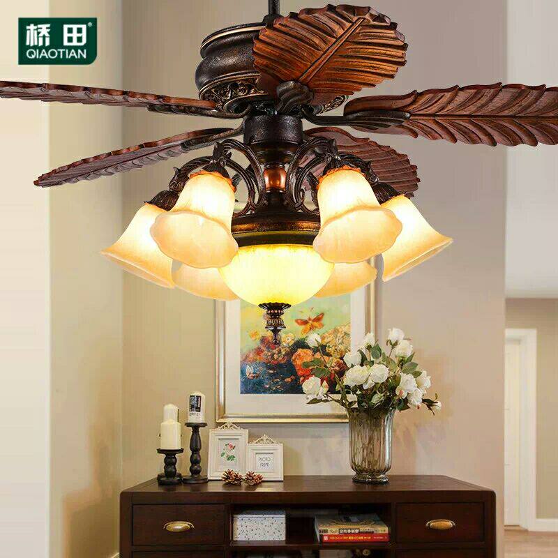 Qiaotian villa mansion ceiling fan lamp living room restaurant new Chinese style fan lamp American bedroom retro integrated headlight fan