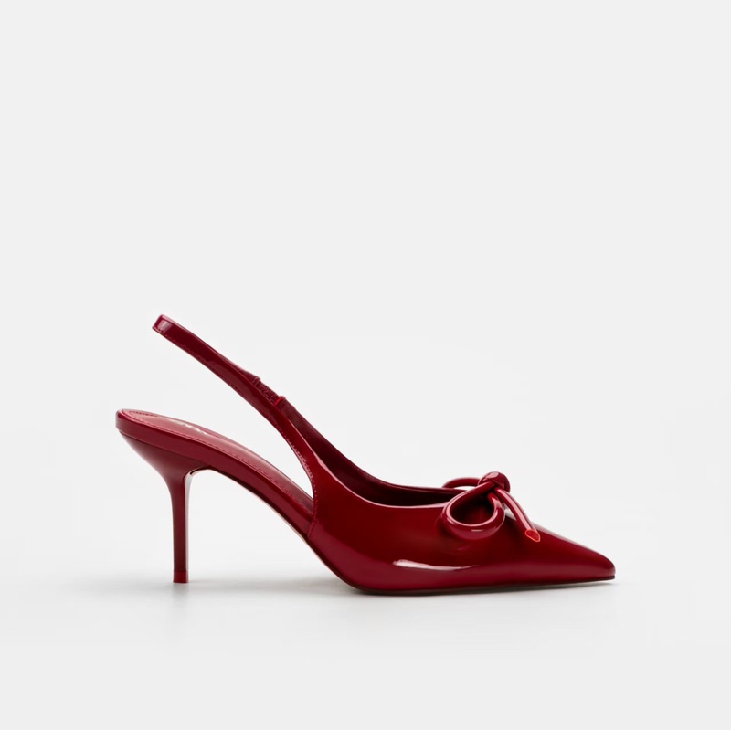 Zava Lhzr New Autumn and Summer High-Heeled Shoes Red Fashionable Elegant Bow-Decorated Patent Leather Stiletto Mules for Women