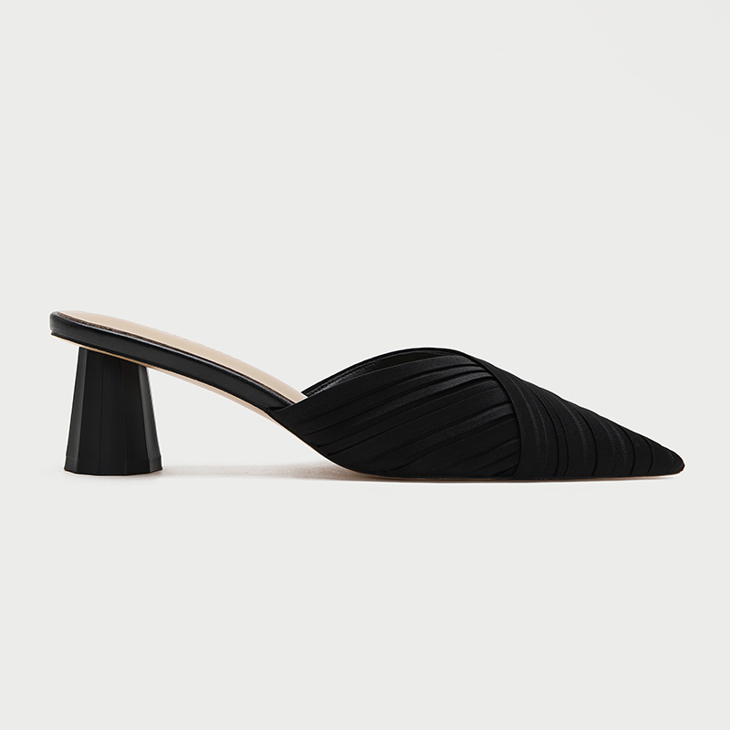 Zava Lhzr~ Pointed-Toe Slippers for Women, New Style Black Chunky Heel Pleated Mules, Closed-Toe High Heels