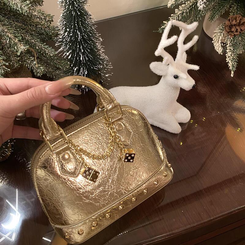 2026 New Niche Design High-End Champagne Gold Studded Handbag Shell-Shaped Small Bag Fashionable Shoulder Crossbody Bag
