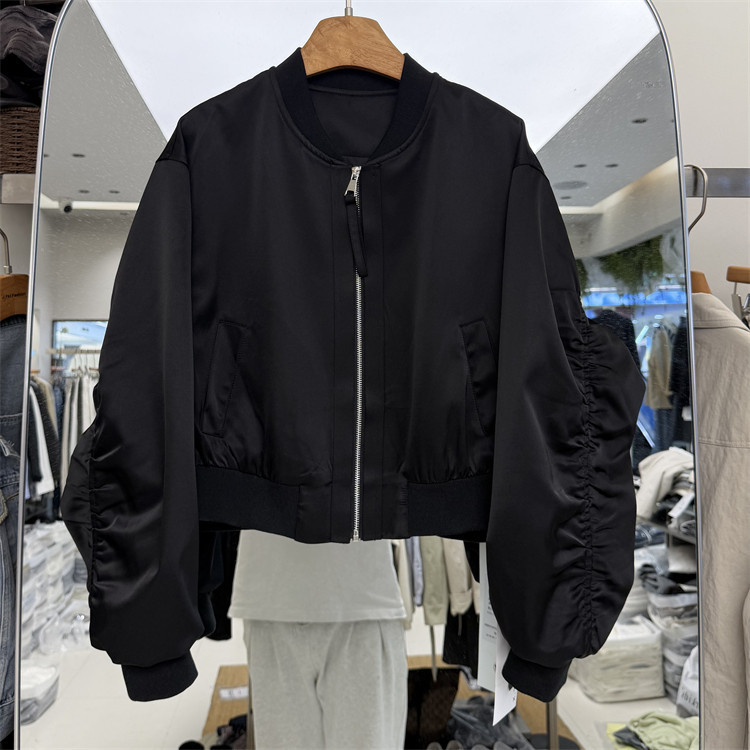 Korean Dongdaemun 26 Spring New Fashionable Wrinkled Sleeve Back Label Fashion Korean Style Baseball Jacket 805