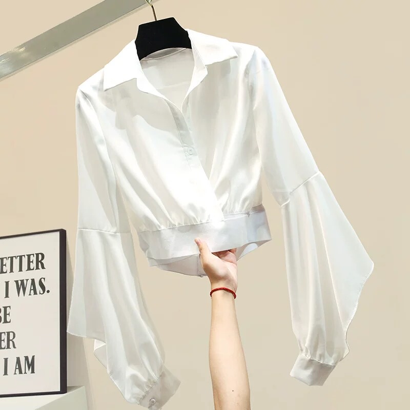 Clearance Sale~ Designer Brand Export Spring/Autumn New Short Flared Sleeve Waist-Cinching White Blouse for Women