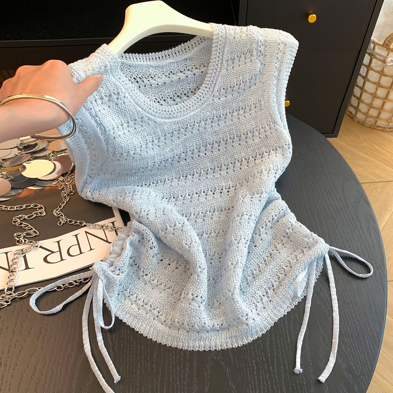 Recommended for Personal Collection~ Hollow-Out Pleated Waist-Cinching Sleeveless Knit Top for Women, 2026 Summer Short Style, Lightweight and Versatile Top