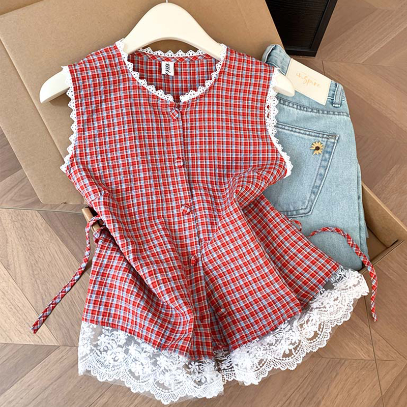 Recommended for Personal Collection~ Vintage Sweet and Spicy Style Lace Trim Plaid Sleeveless Shirt for Women with Waist-Tie Vest Top