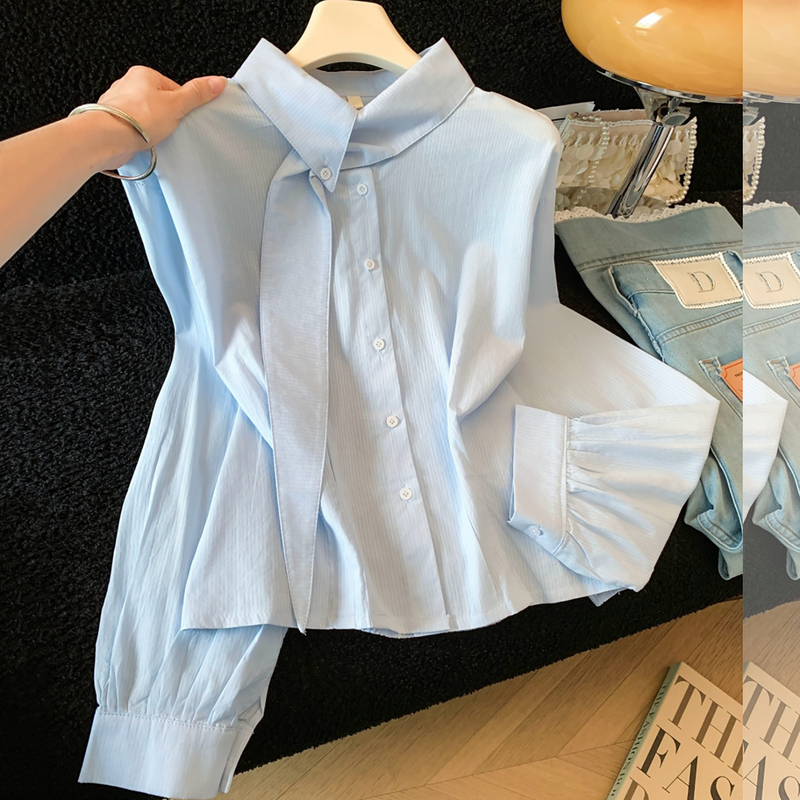 Recommended for Personal Collection~ Ribbon Design Striped Stand Collar Shirt for Women, 2026 Autumn Slim-Fit Commuter Bow Shirt